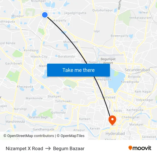 Nizampet X Road to Begum Bazaar map