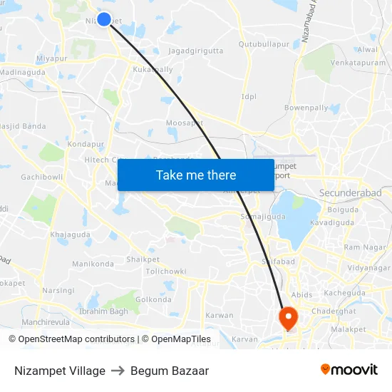 Nizampet Village to Begum Bazaar map