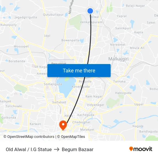 Old Alwal / I.G Statue to Begum Bazaar map