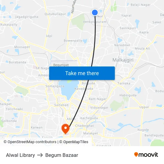 Alwal Library to Begum Bazaar map
