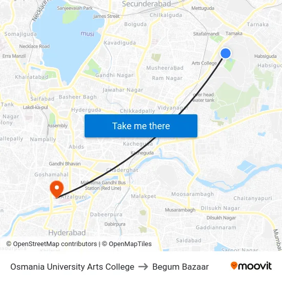 Osmania University Arts College to Begum Bazaar map