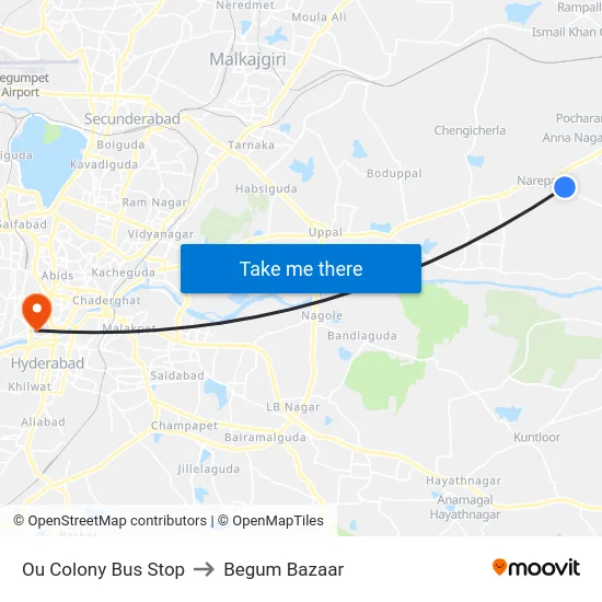Ou Colony Bus Stop to Begum Bazaar map