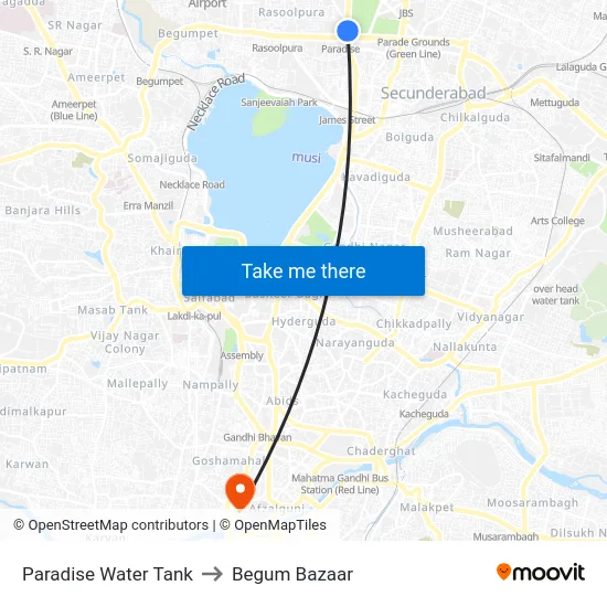 Paradise Water Tank to Begum Bazaar map