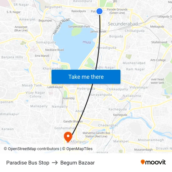 Paradise Bus Stop to Begum Bazaar map
