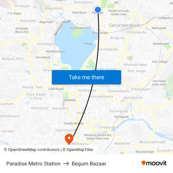 Paradise Metro Station to Begum Bazaar map