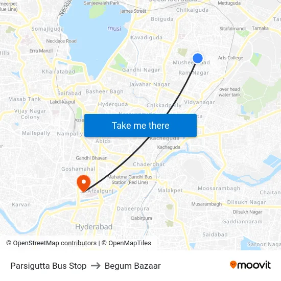 Parsigutta Bus Stop to Begum Bazaar map