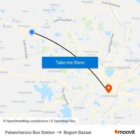 Patancheruvu Bus Station to Begum Bazaar map