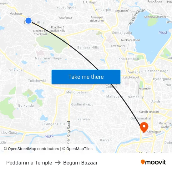 Peddamma Temple to Begum Bazaar map
