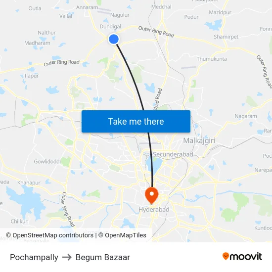 Pochampally to Begum Bazaar map