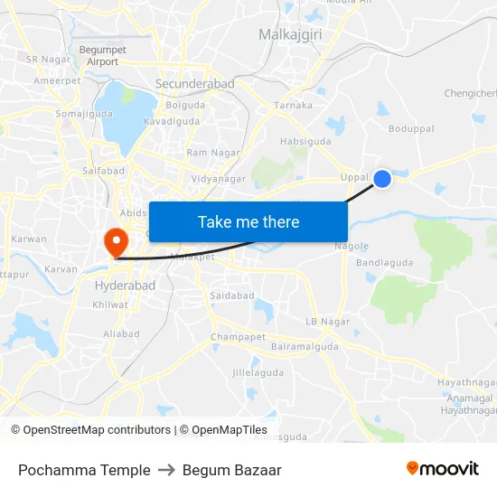 Pochamma Temple to Begum Bazaar map