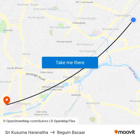 Sri Kusuma Haranatha to Begum Bazaar map