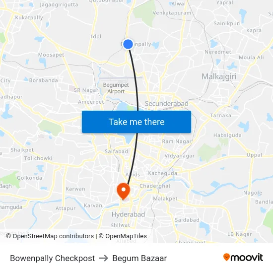 Bowenpally Checkpost to Begum Bazaar map