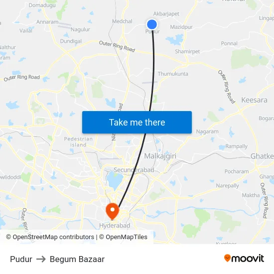 Pudur to Begum Bazaar map