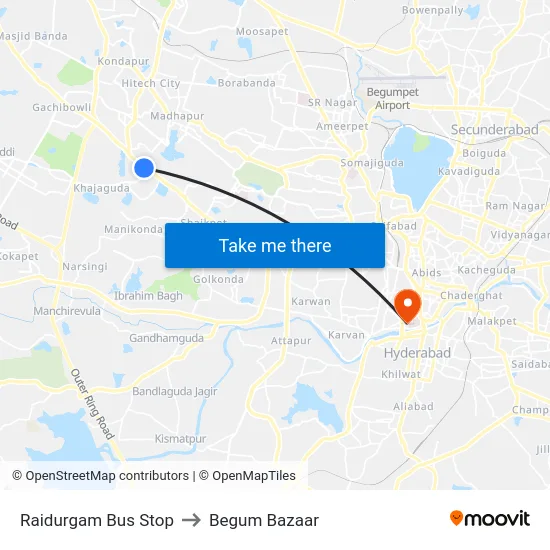 Raidurgam Bus Stop to Begum Bazaar map