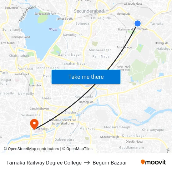 Tarnaka Railway Degree College to Begum Bazaar map