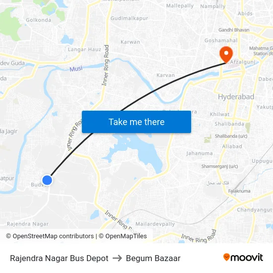 Rajendra Nagar Bus Depot to Begum Bazaar map