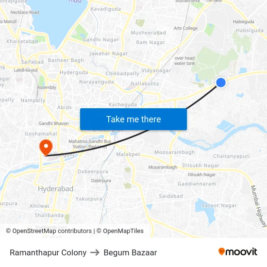 Ramanthapur Colony to Begum Bazaar map