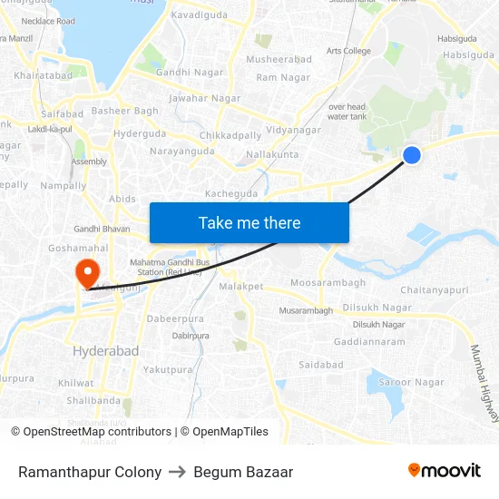 Ramanthapur Colony to Begum Bazaar map