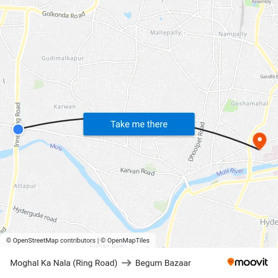 Moghal Ka Nala (Ring Road) to Begum Bazaar map