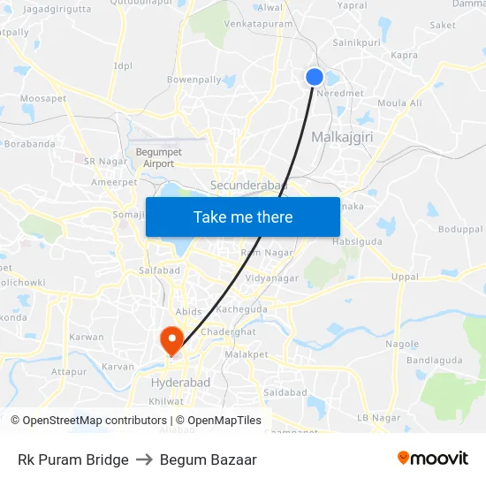 Rk Puram Bridge to Begum Bazaar map