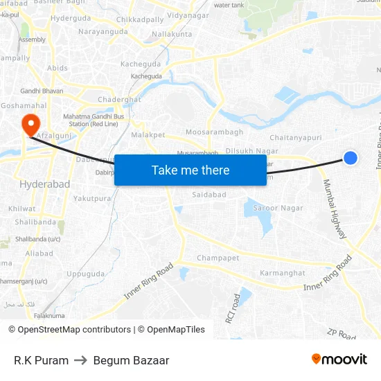 R.K Puram to Begum Bazaar map