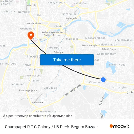 Champapet R.T.C Colony / I.B.P to Begum Bazaar map