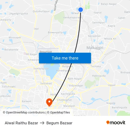 Alwal Raithu Bazar to Begum Bazaar map