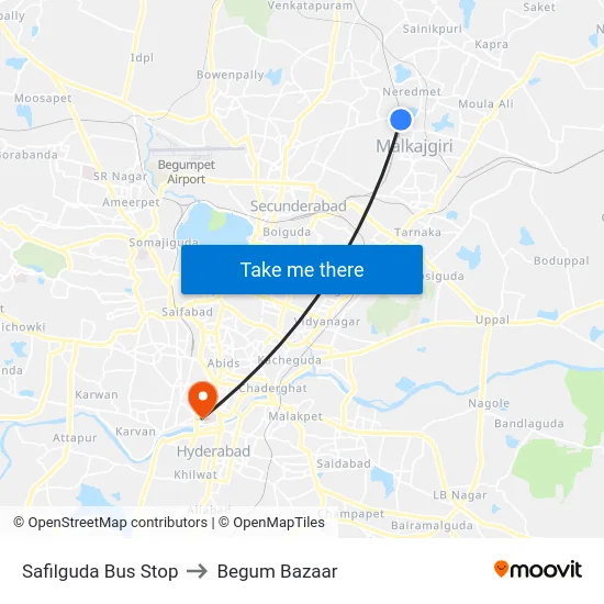 Safilguda Bus Stop to Begum Bazaar map