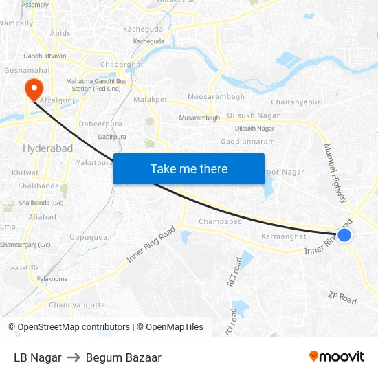 LB Nagar to Begum Bazaar map