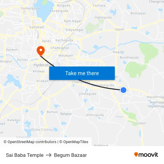 Sai Baba Temple to Begum Bazaar map