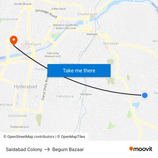 Saidabad Colony to Begum Bazaar map