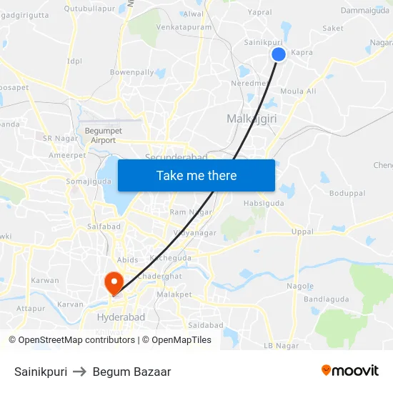 Sainikpuri to Begum Bazaar map