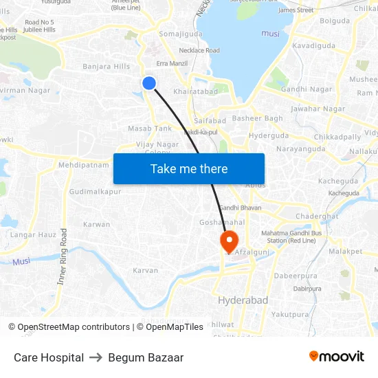 Care Hospital to Begum Bazaar map