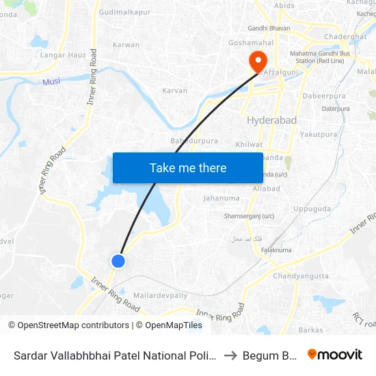 Sardar Vallabhbhai Patel National Police Academy to Begum Bazaar map