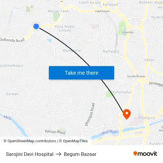 Sarojini Devi Hospital to Begum Bazaar map