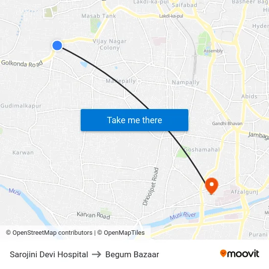 Sarojini Devi Hospital to Begum Bazaar map