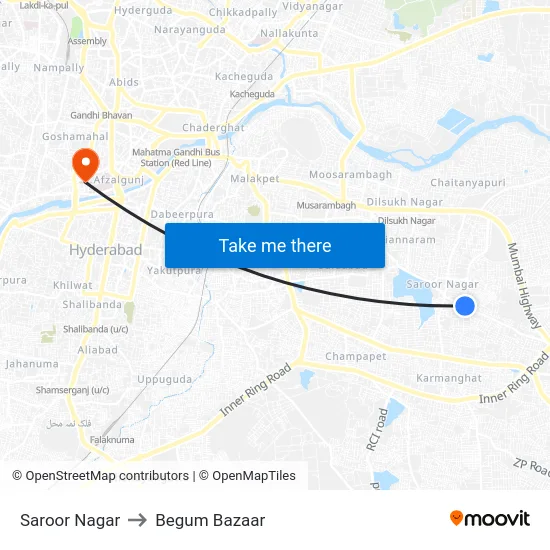 Saroor Nagar to Begum Bazaar map