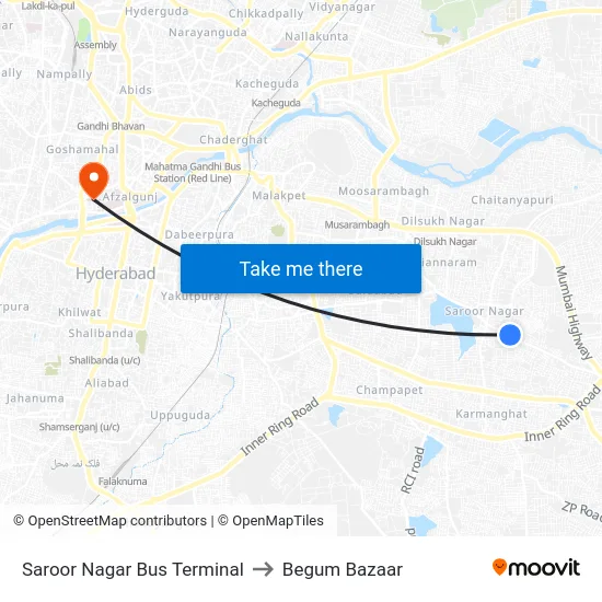 Saroor Nagar Bus Terminal to Begum Bazaar map