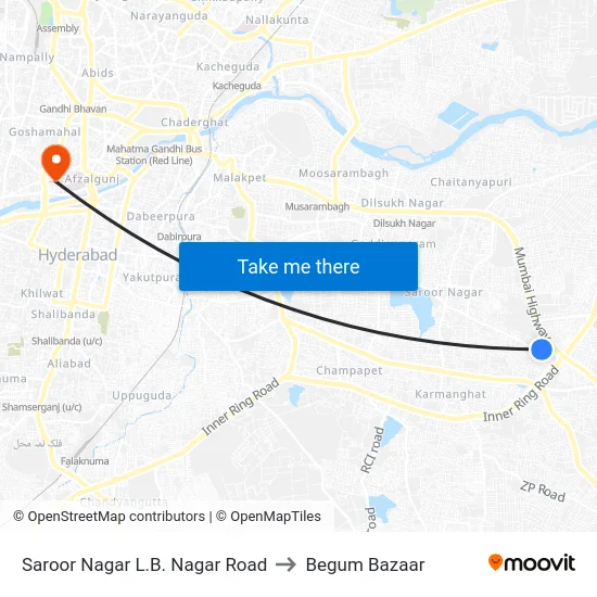 Saroor Nagar L.B. Nagar Road to Begum Bazaar map