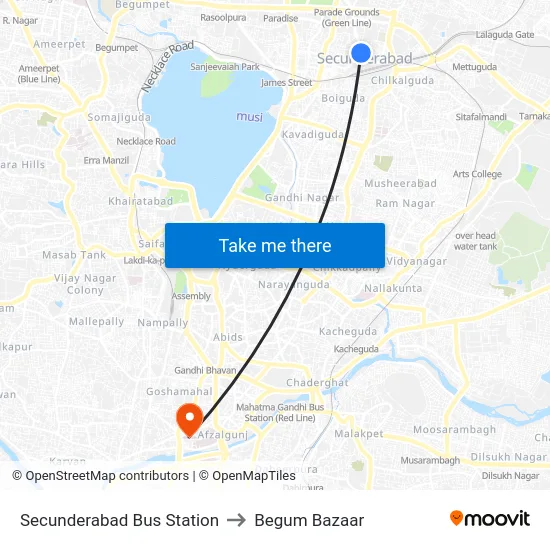 Secunderabad Bus Station to Begum Bazaar map