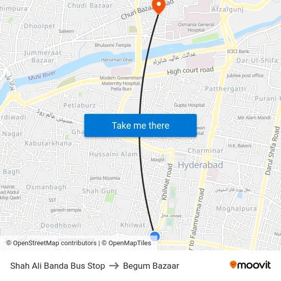 Shah Ali Banda Bus Stop to Begum Bazaar map