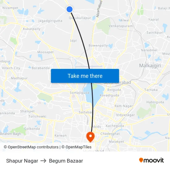 Shapur Nagar to Begum Bazaar map