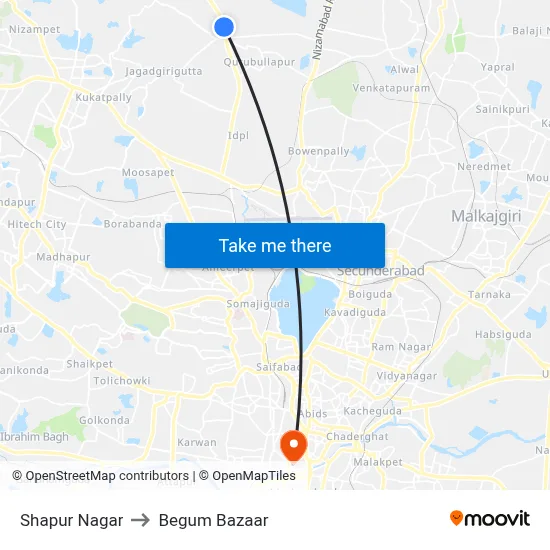 Shapur Nagar to Begum Bazaar map