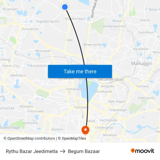 Rythu Bazar Jeedimetla to Begum Bazaar map