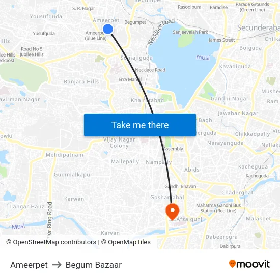 Ameerpet to Begum Bazaar map