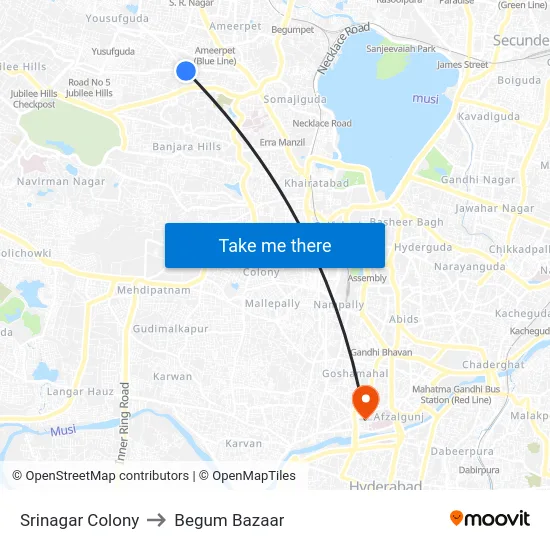 Srinagar Colony to Begum Bazaar map