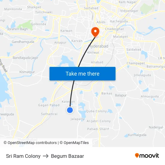 Sri Ram Colony to Begum Bazaar map