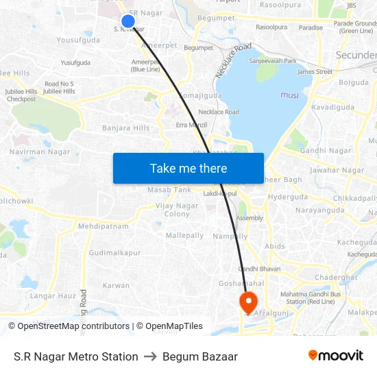 S.R Nagar Metro Station to Begum Bazaar map