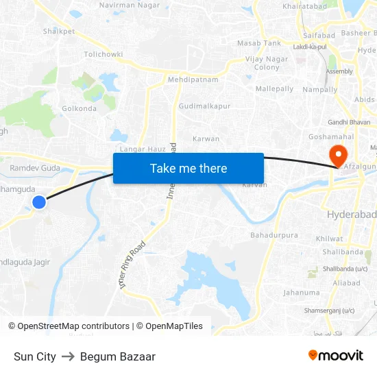 Sun City to Begum Bazaar map