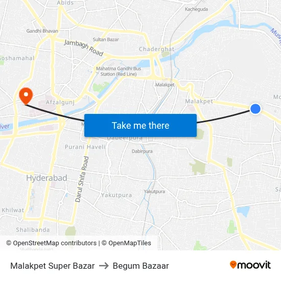 Malakpet Super Bazar to Begum Bazaar map